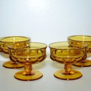 Set Of 4 Amber Colored Dessert Dishes Vintage Indiana Kings Crown Thumbprint